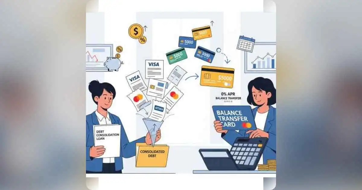 Person managing multiple credit cards and bills with a clear path ahead symbolizing financial control.