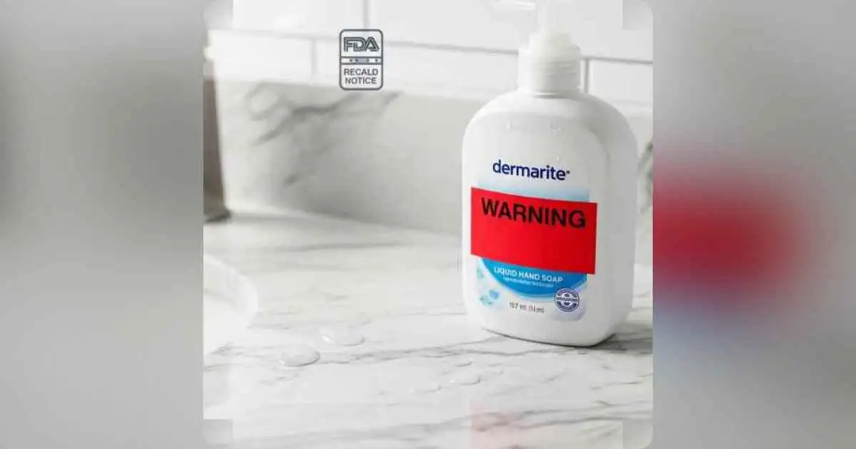 Dermarite hand soap bottle with a red recall warning label