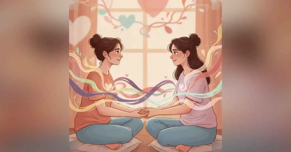 Two people sharing feelings, glowing light around them symbolizing emotional honesty