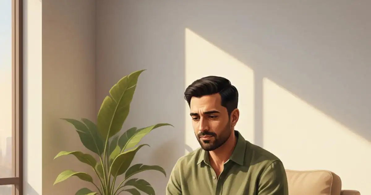 Indian man practicing emotional self-awareness in a calm reflective setting