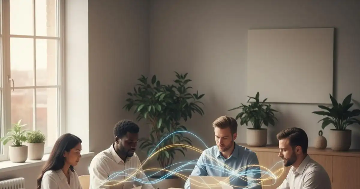 Professionals collaborating calmly in a modern office representing emotional intelligence and mental well-being