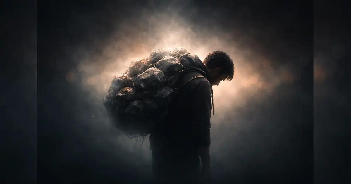 Person standing still while carrying invisible emotional weight