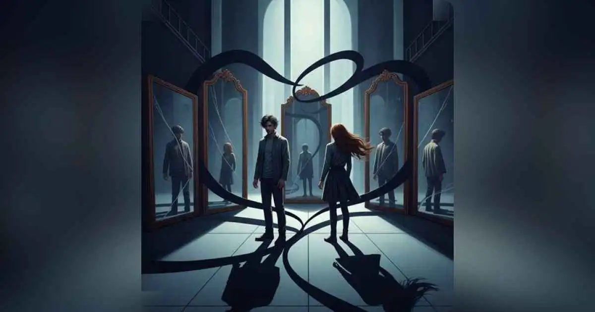 A couple standing apart, shadows intertwining like past emotional patterns