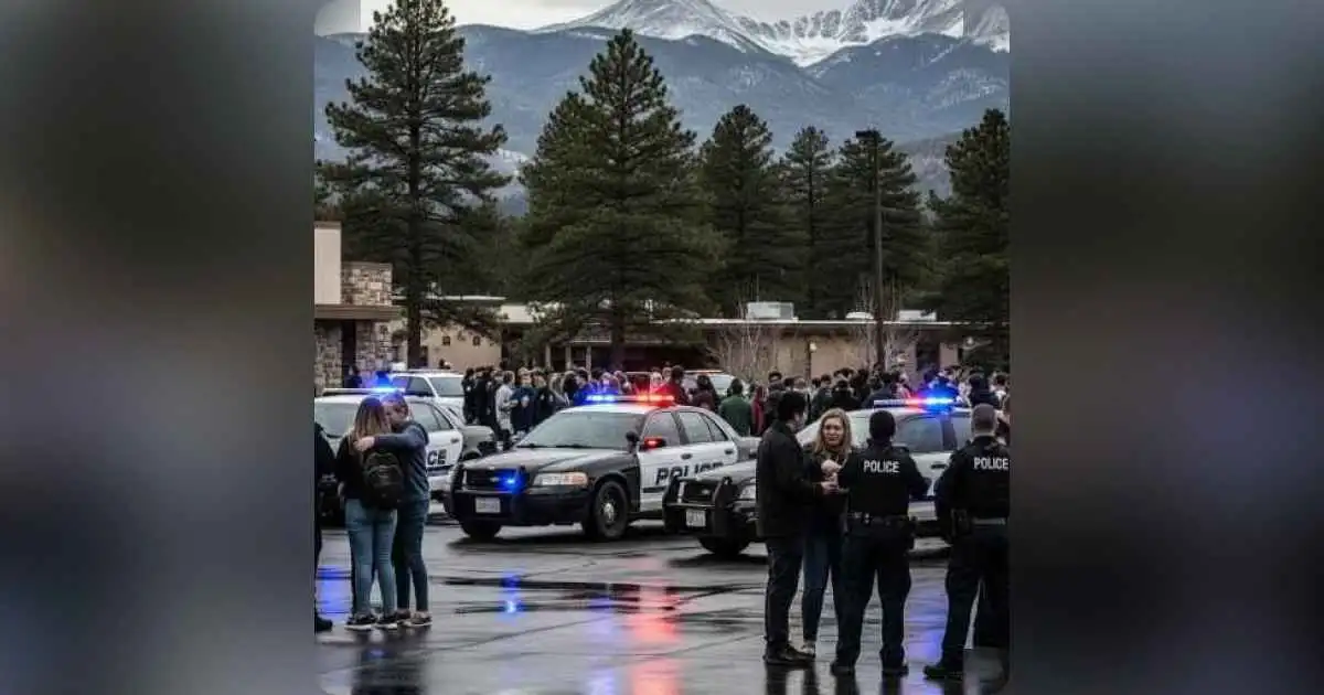 Police cars outside Evergreen High School after Colorado school shooting