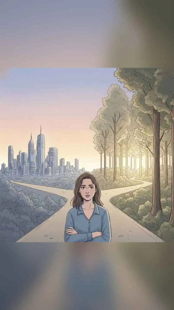 A person choosing between career success and inner clarity at a crossroads.