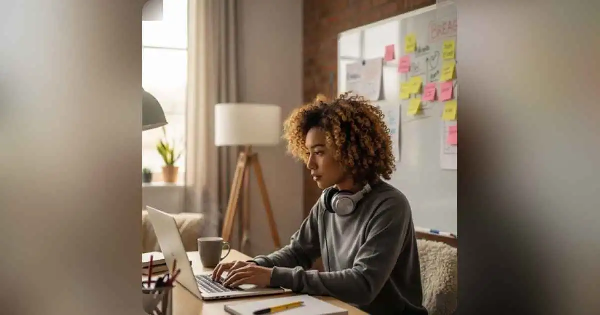 Freelancer working from home with laptop, coffee, and notepad.