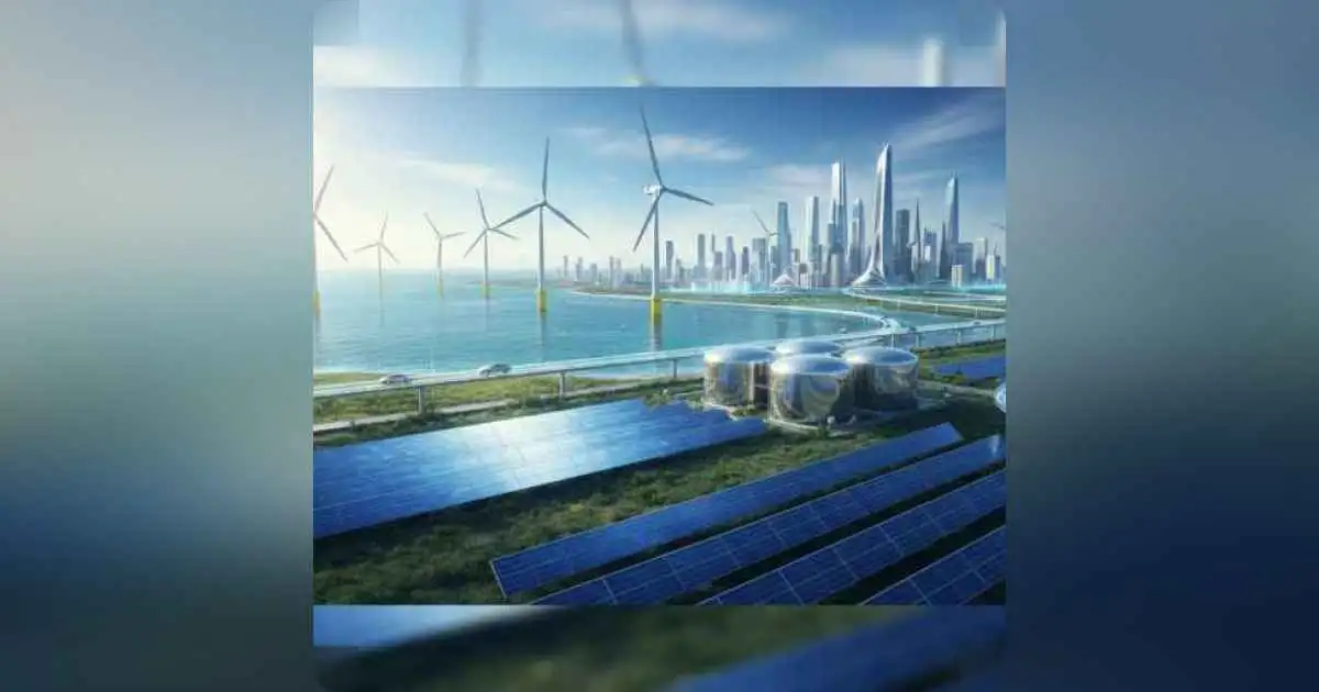 Futuristic renewable energy landscape with solar panels, wind turbines, and smart city 2030