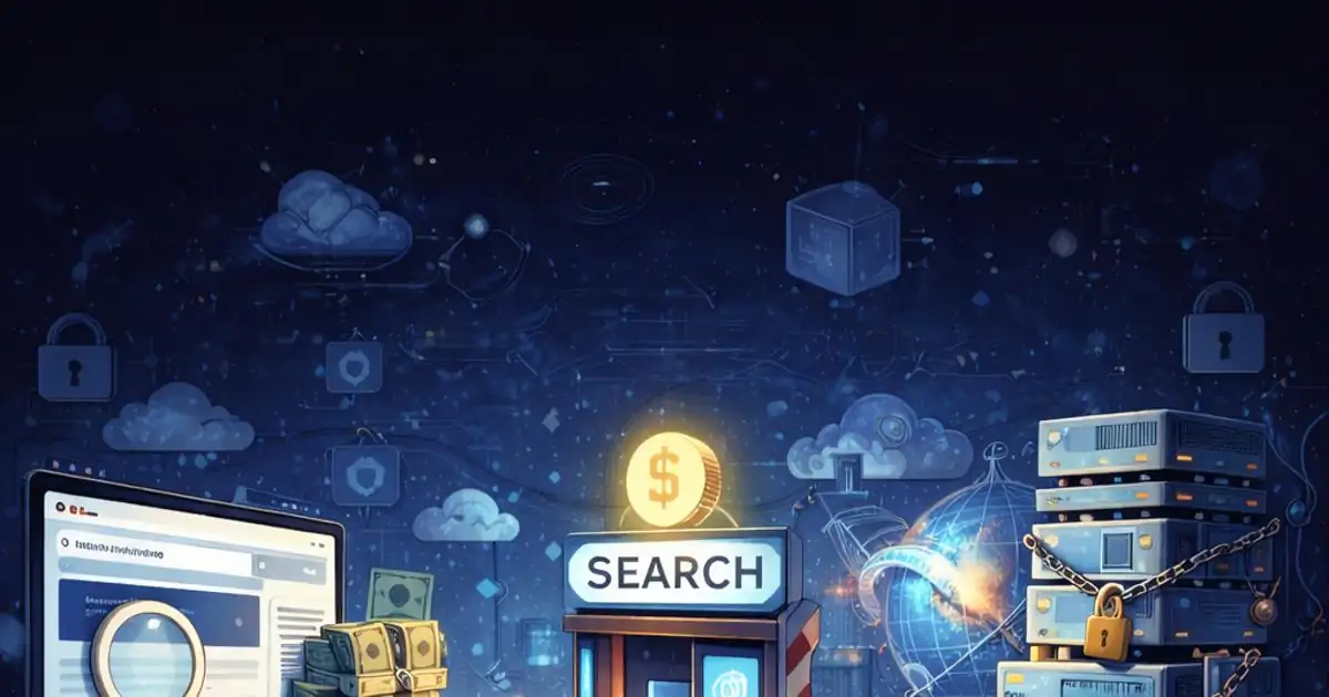 Digital illustration showing web search transforming into paid infrastructure