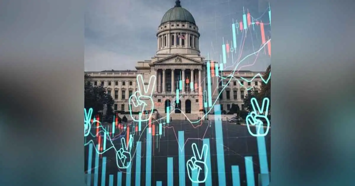 Stock market graph overlayed with peace hands and central bank building
