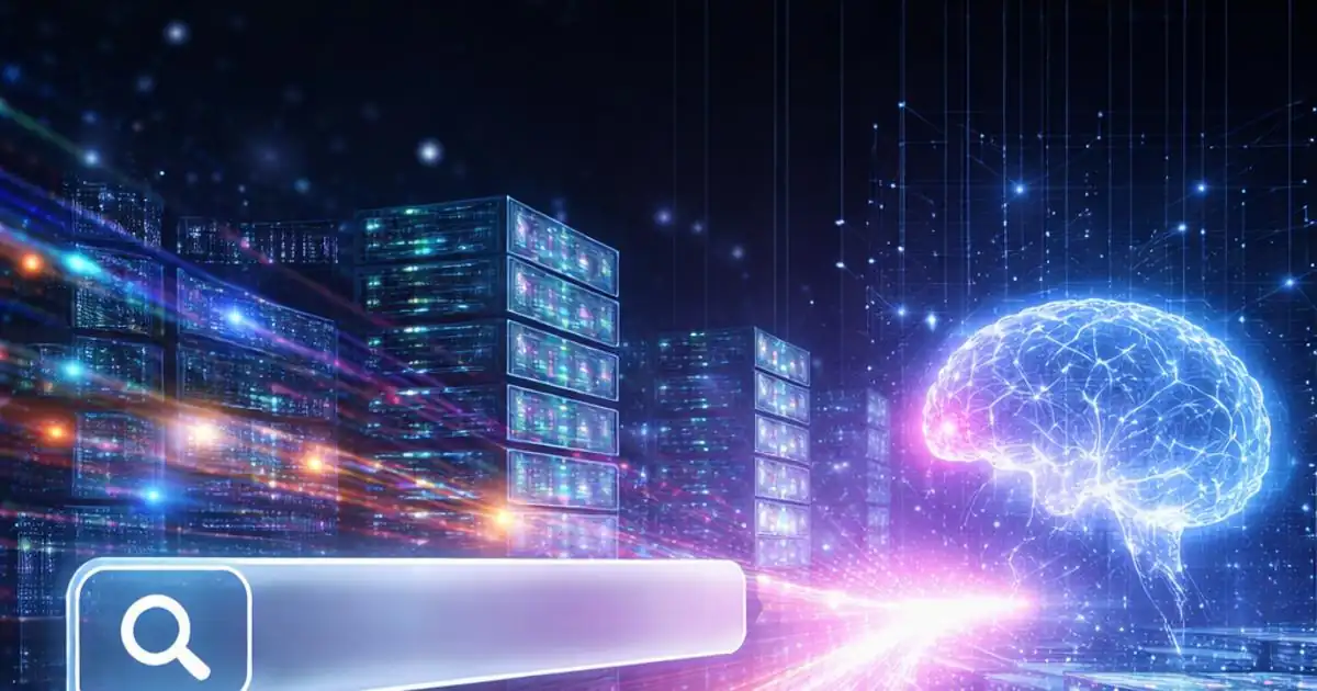 Abstract visualization of search data flowing into AI systems