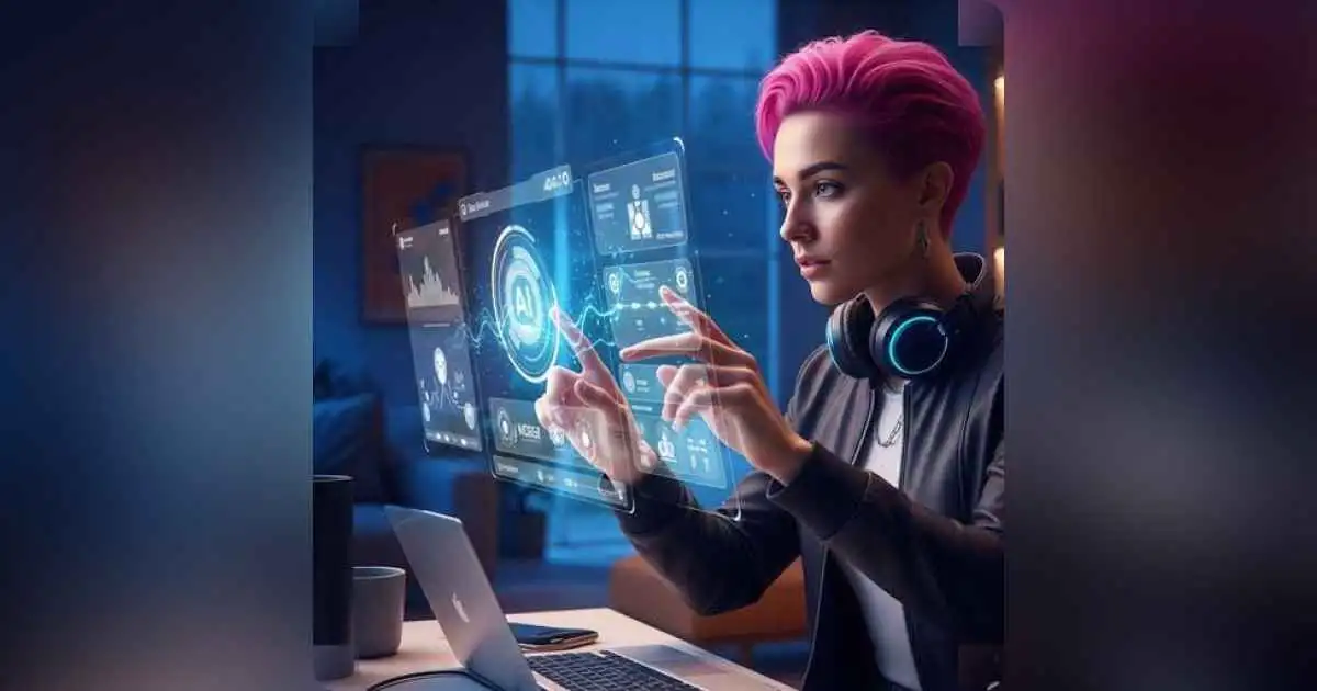 Person interacting with holographic AI interface