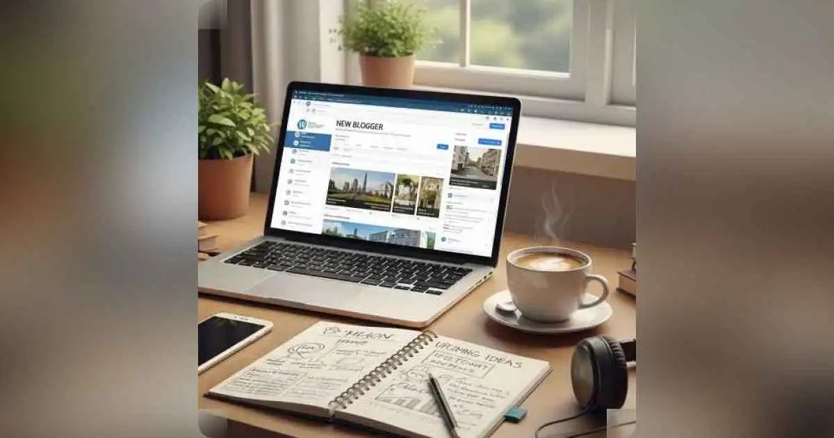 Laptop with blog content and coffee mug on desk