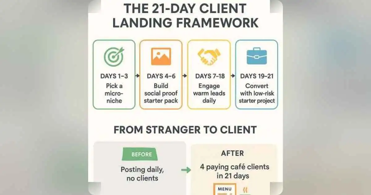 Infographic showing a 21-day plan to get first freelance clients without cold calling