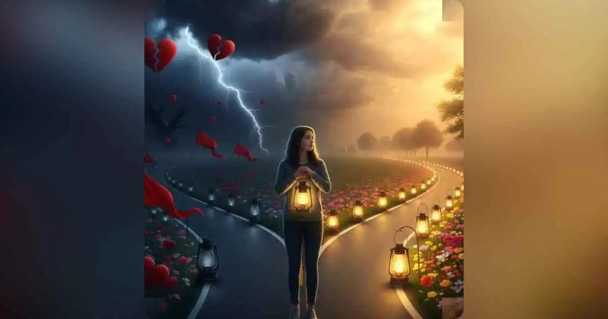 A person standing at a forked path between a chaotic route and a peaceful one