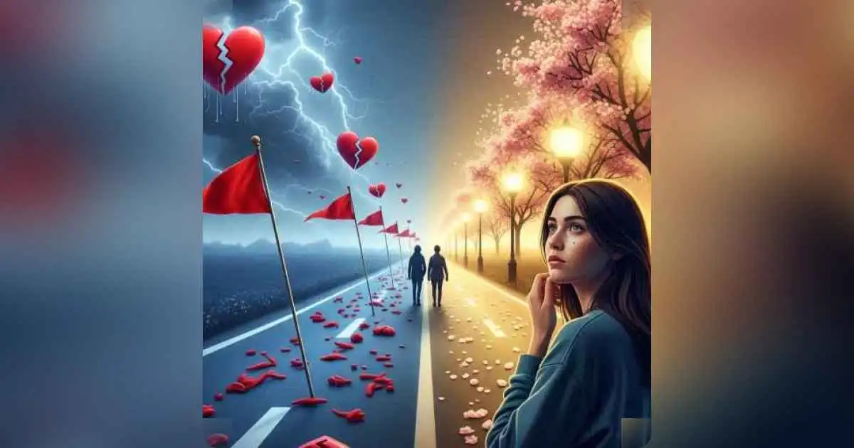 A person standing at a crossroads choosing between a chaotic path and a peaceful one