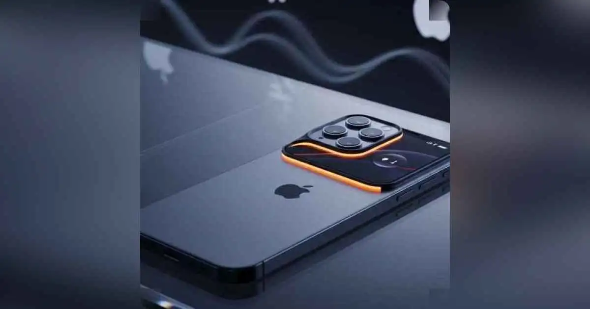 Futuristic iPhone 17 smartphone with glowing camera and ultra-thin design on glass surface