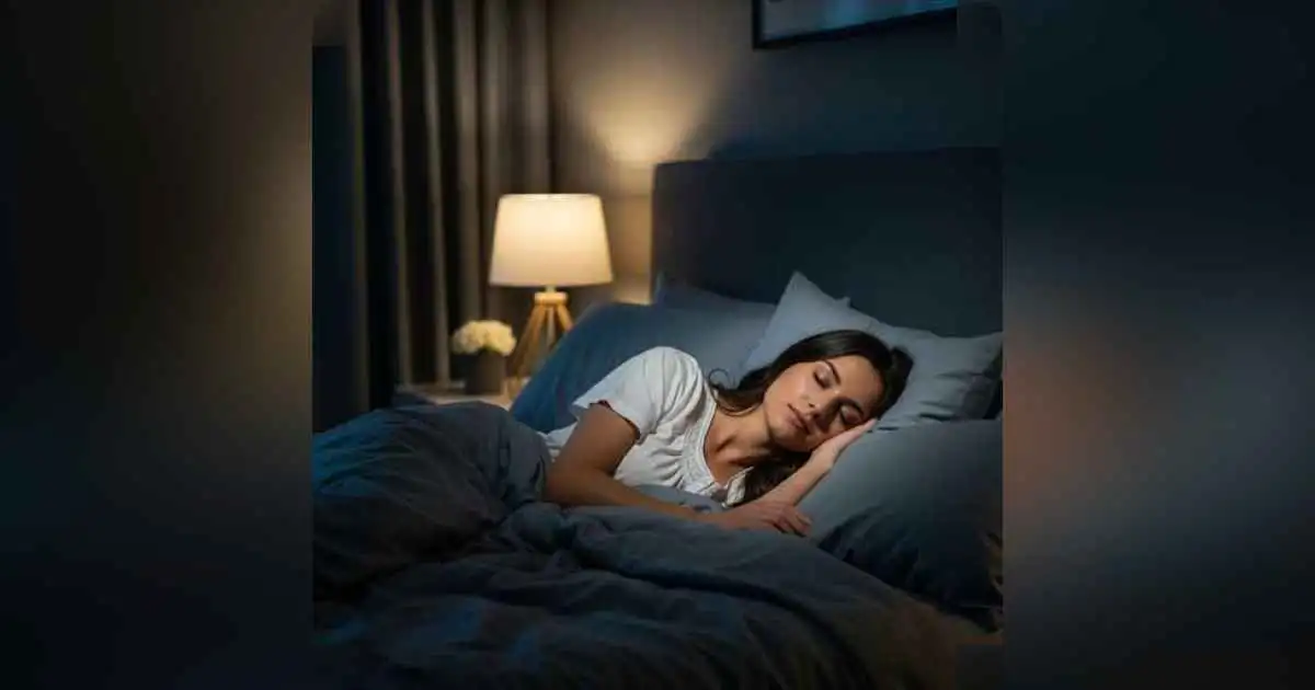 A person peacefully sleeping in a dark, cozy room with soft lighting