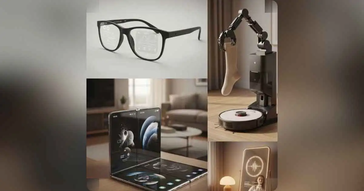 Collage of futuristic gadgets-smart glasses, robotic vacuum, foldable phone