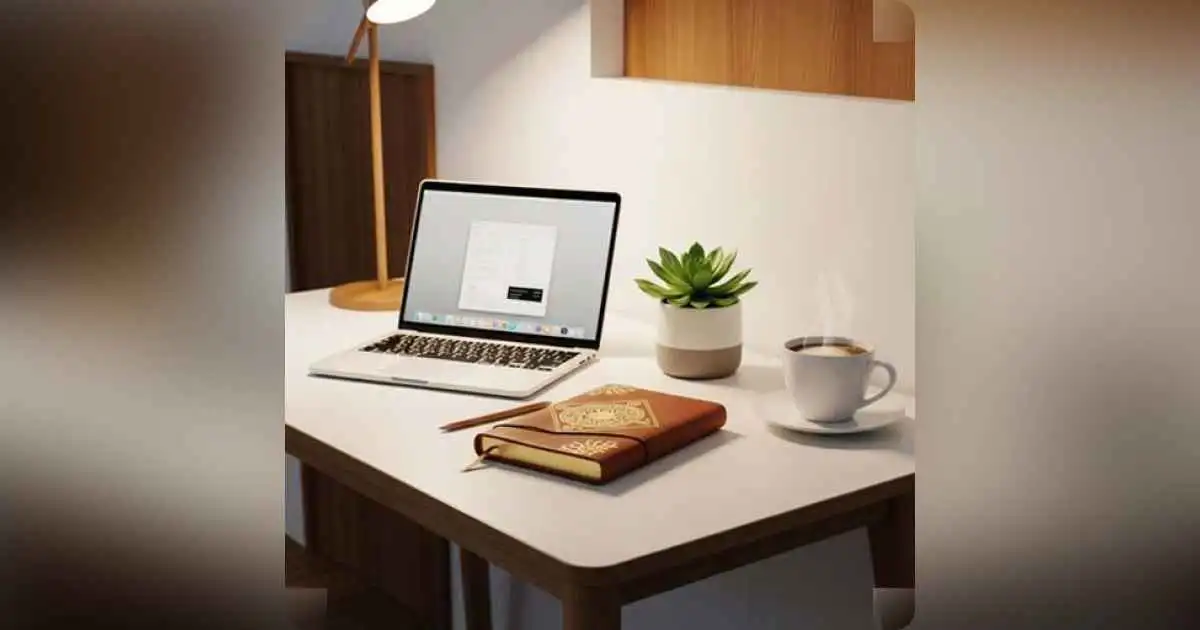 A minimalist desk with a laptop, journal, and plant, symbolizing a calm online business setup.