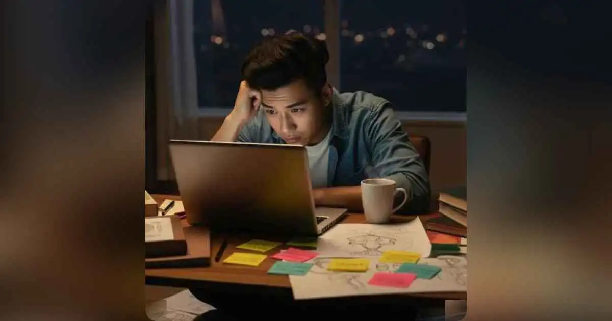 Person learning a new skill on laptop at night, feeling inspired