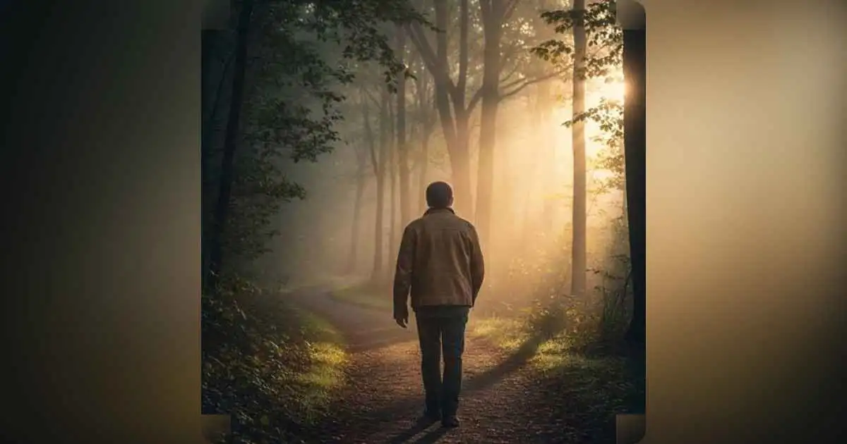 A person walking a winding path through a misty forest, symbolizing life choices