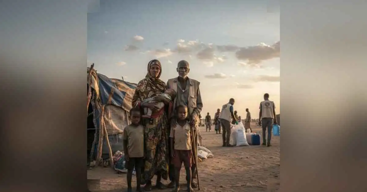 Displaced Sudanese family receiving humanitarian aid under warm sunlight
