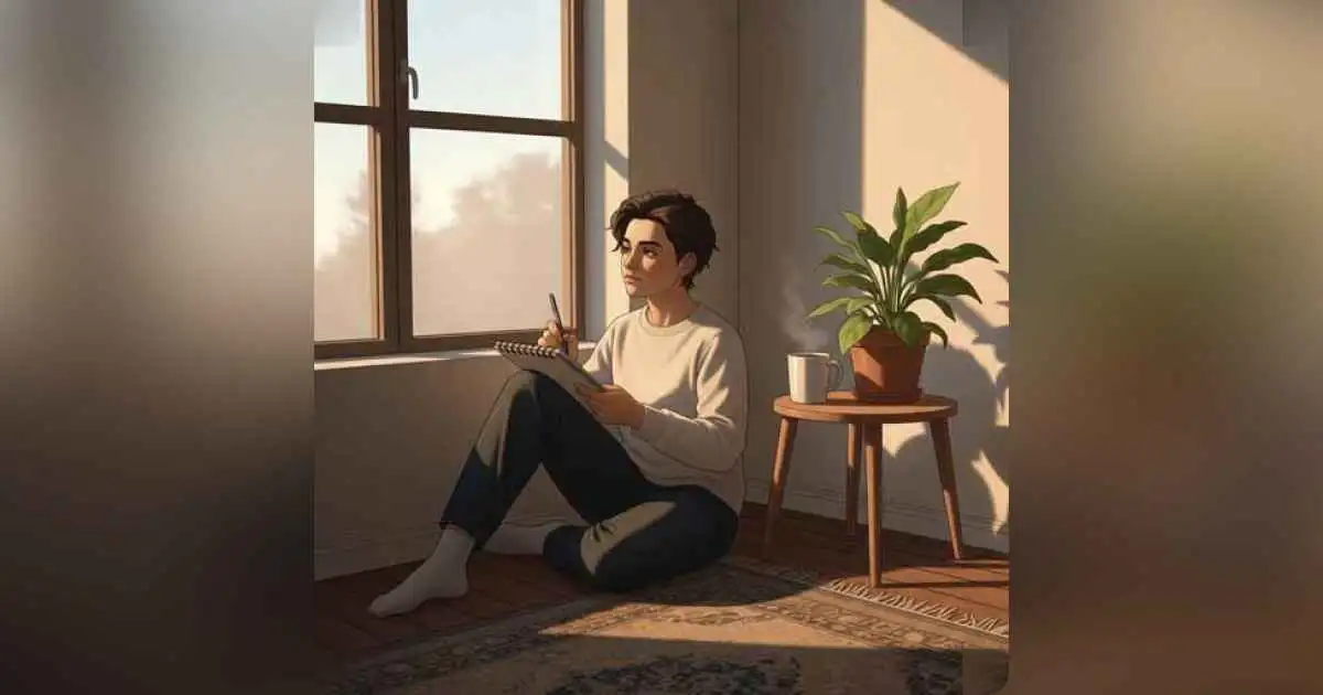 A creative sitting by a sunlit window with a sketchpad, reflecting calmly-symbolizing intentional rest, clarity, and creative rebirth.