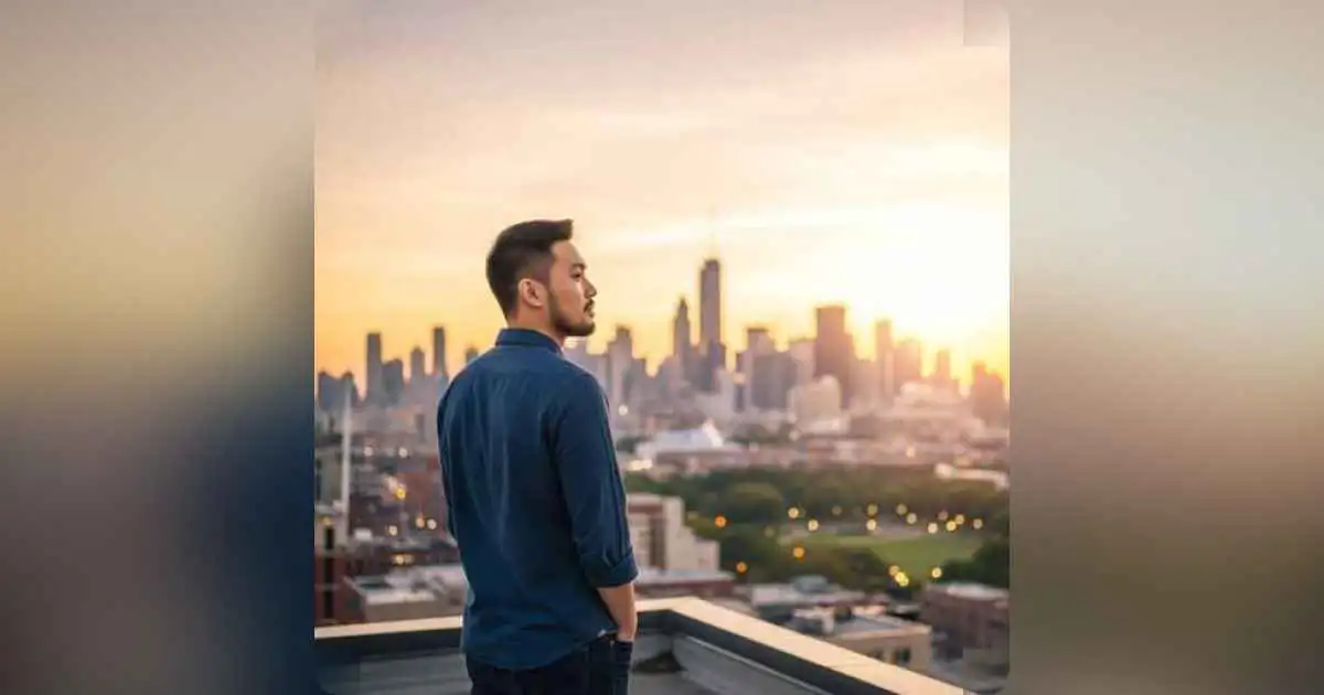 Person reflecting on life amid a dynamic city skyline symbolizing change and growth