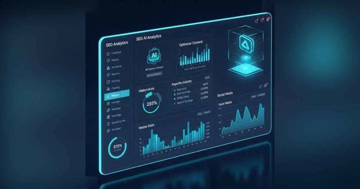 Illustration of SEO tools boosting digital presence in a futuristic web dashboard