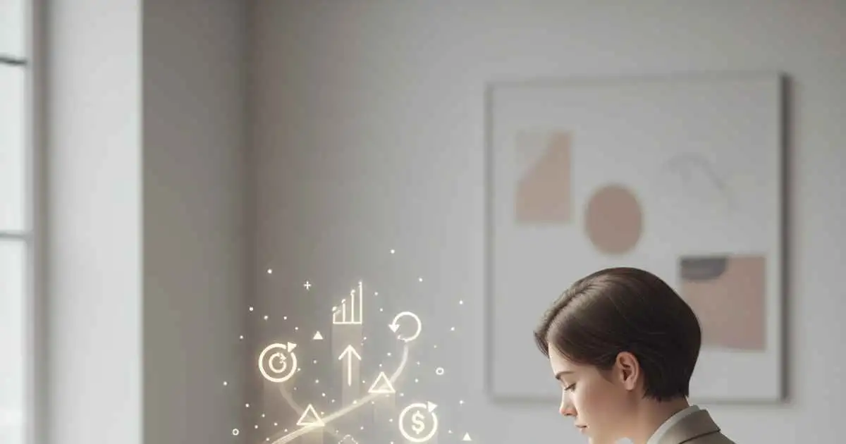 Person reading a personal development book with symbols of habits, focus, and growth emerging