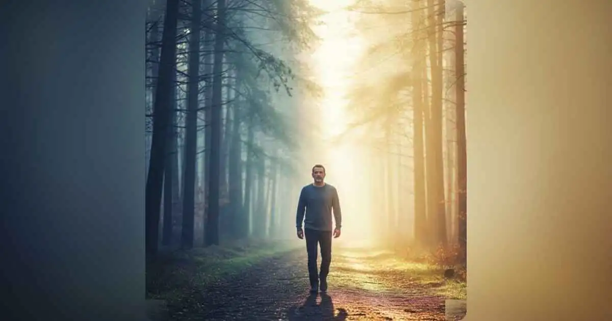 A person walking through a foggy forest path that clears into sunlight