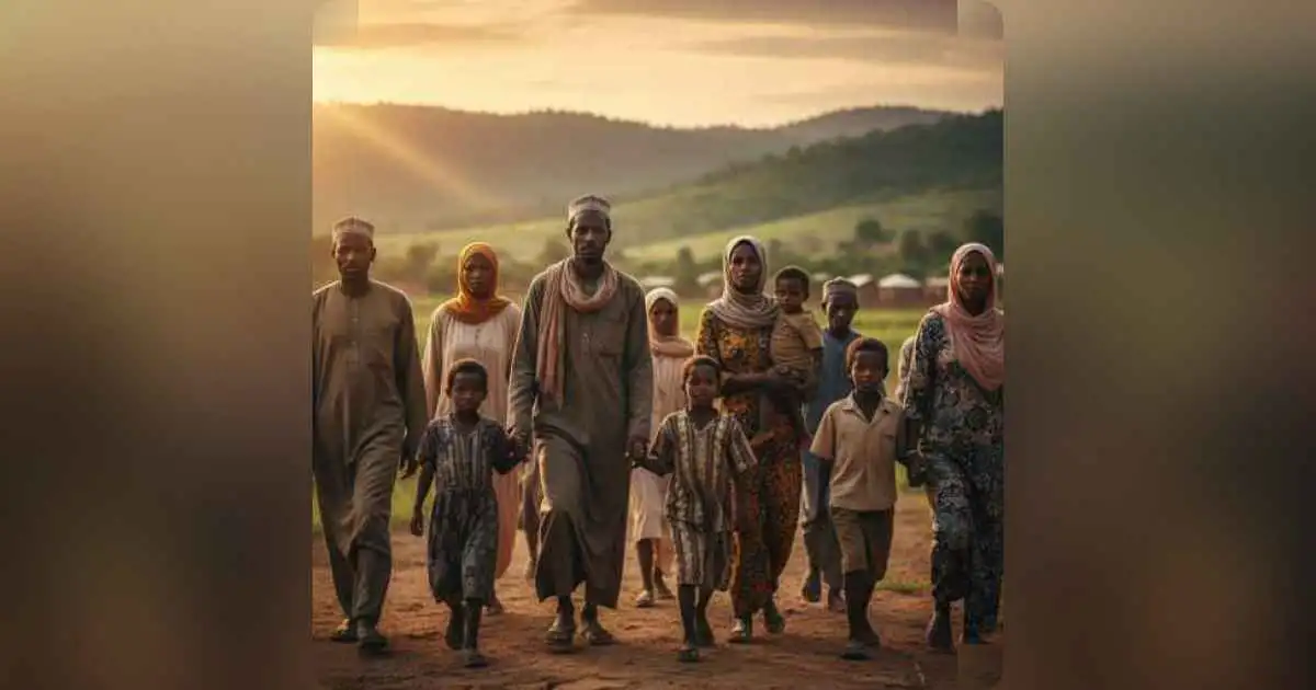 A group of diverse Sudanese individuals (adults and children) walking together towards a hopeful horizon, with warm, golden light hinting at a new dawn.