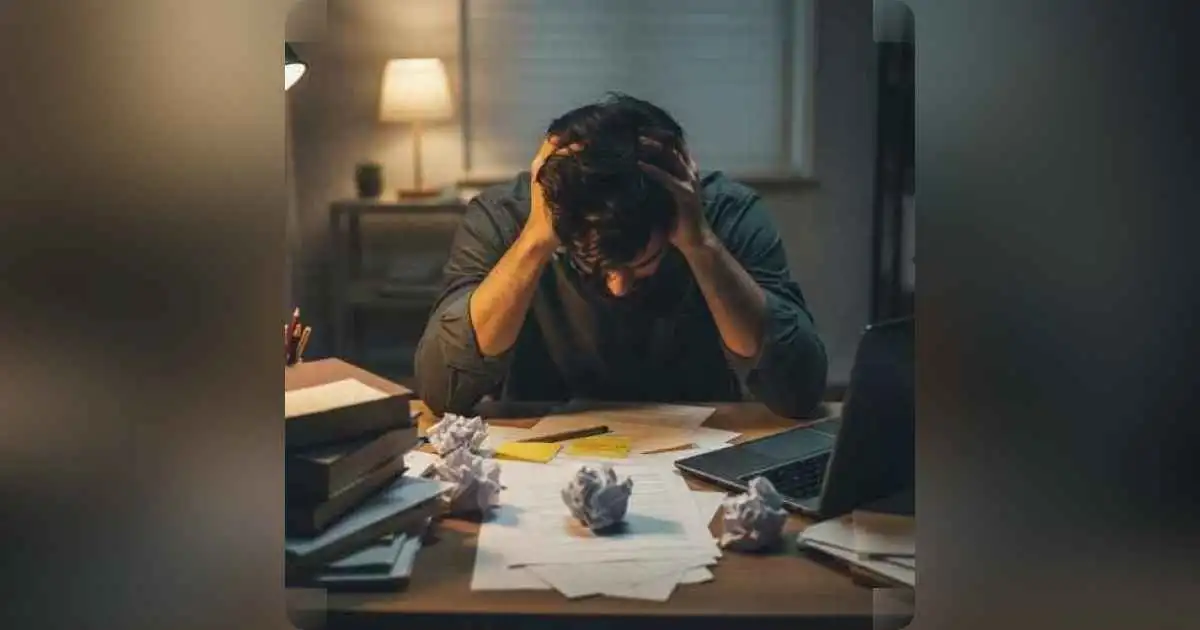 A person sitting at a desk with a closed laptop, looking frustrated and thoughtful