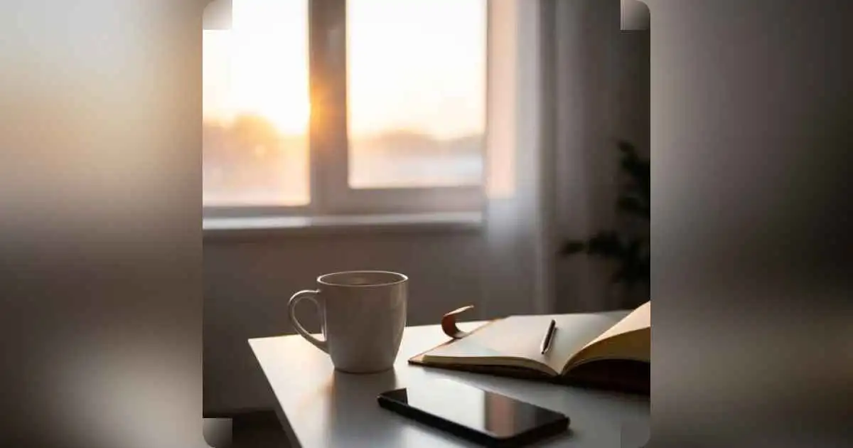 Morning calm setup with journal, tea, and sunlight representing peaceful habits