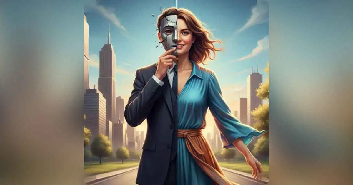 Person removing a theatrical mask to reveal true identity