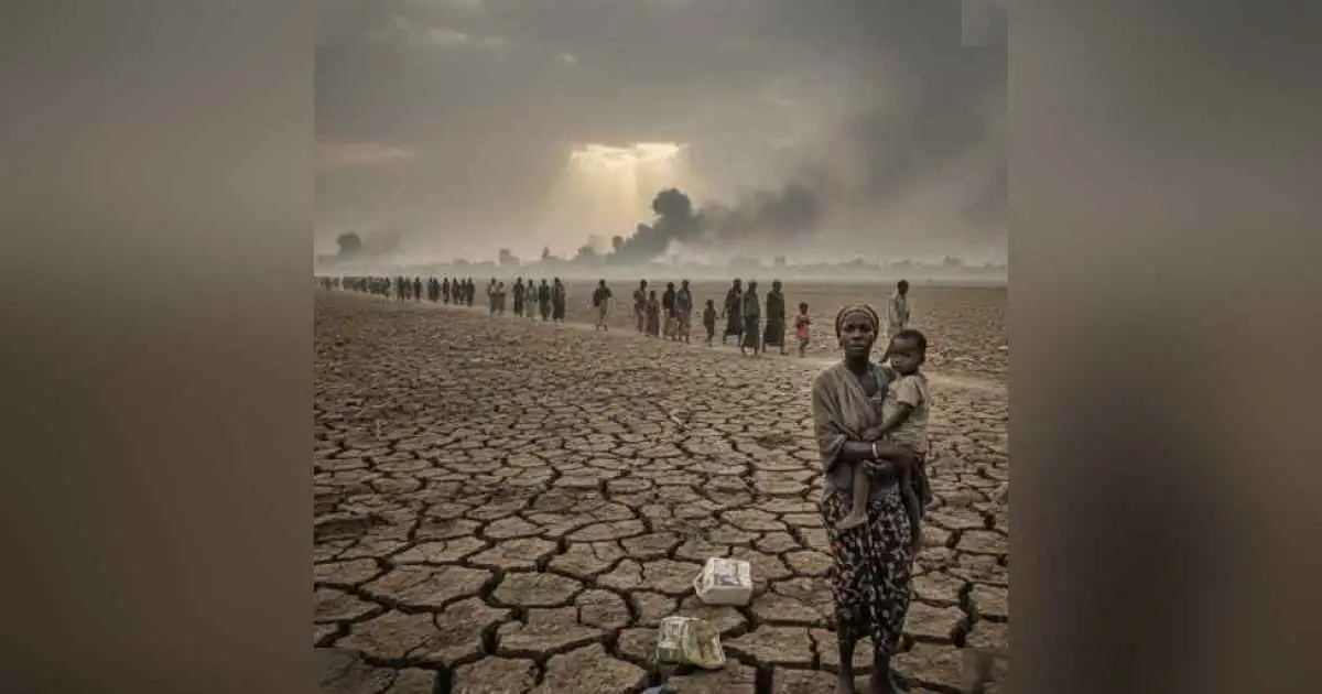 Displaced Sudanese families walking through a war-torn landscape under a dusty sky