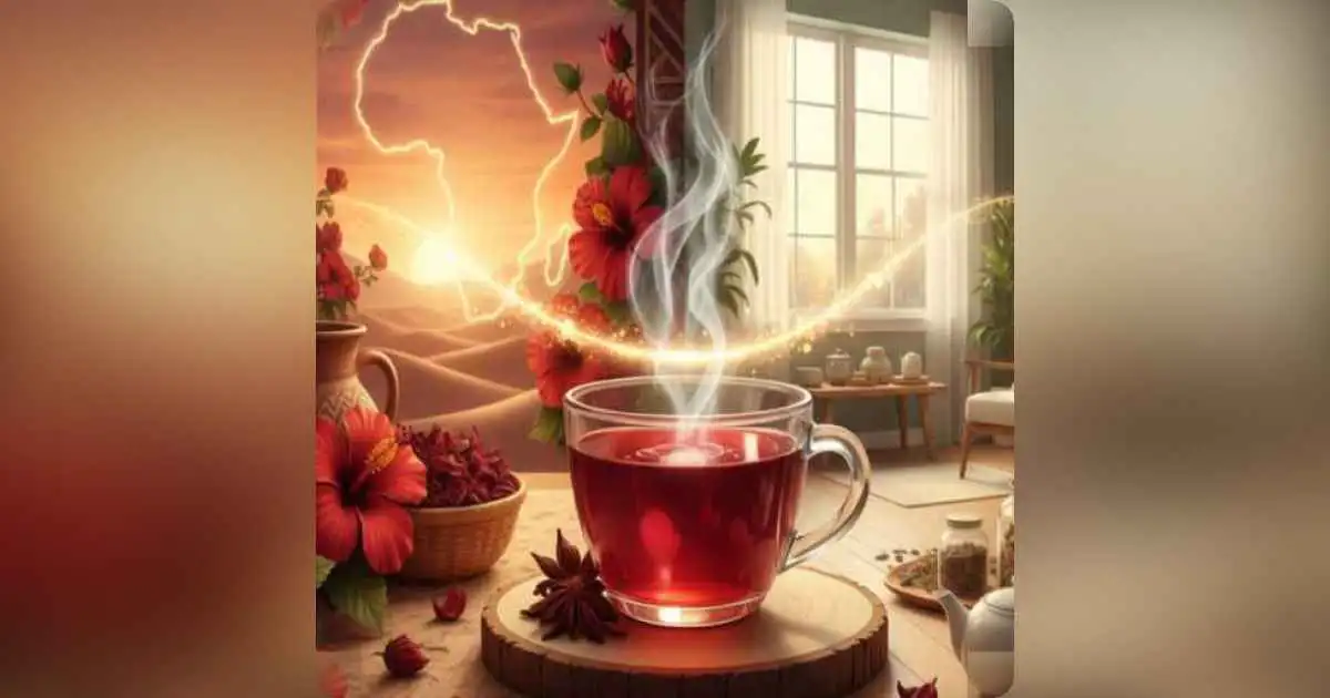 A cup of hibiscus tea symbolizing Sudanese wellness traditions blending with modern American lifestyle