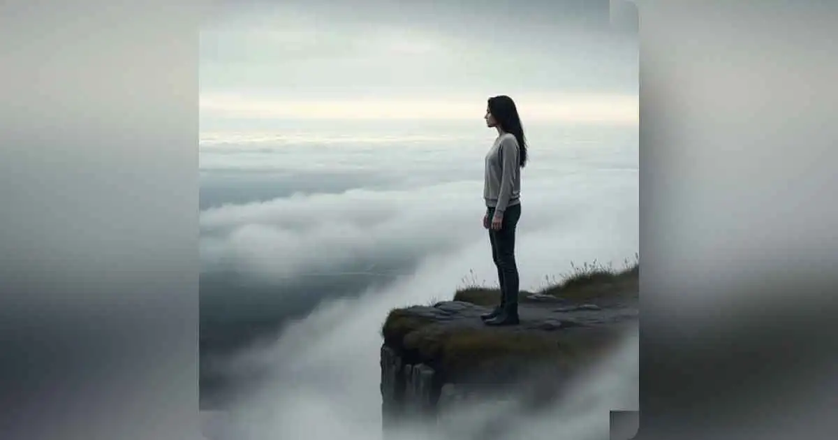 A person standing alone on a foggy cliff, symbolizing emotional isolation and mental clarity