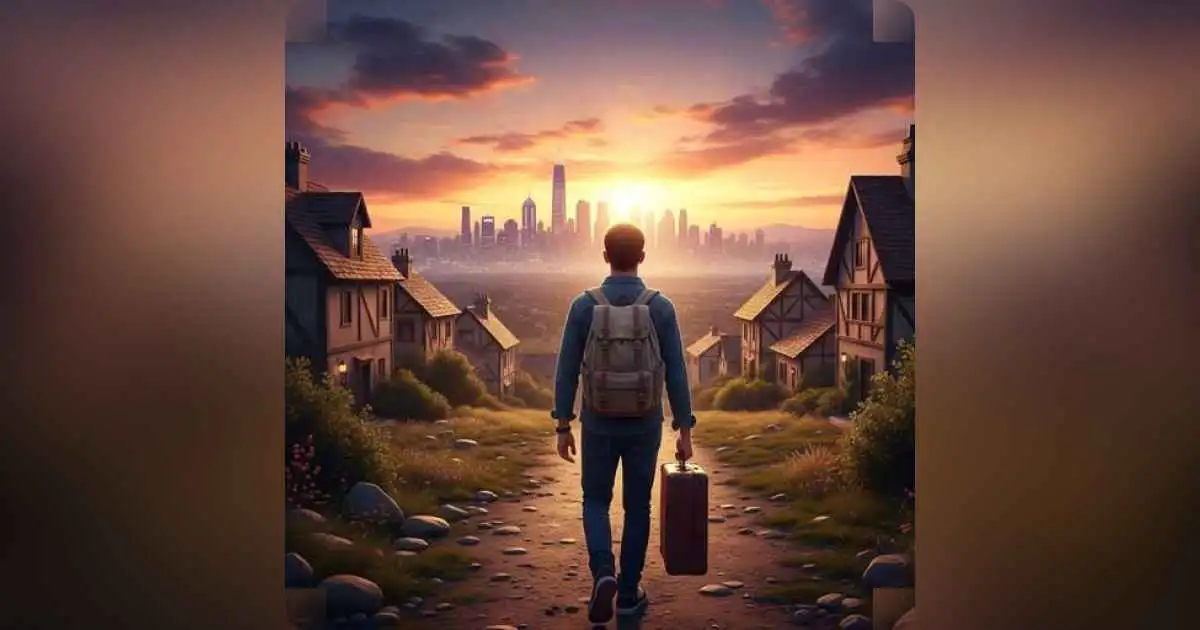 Young migrant walking through an open landscape with a suitcase and fading homeland in the background