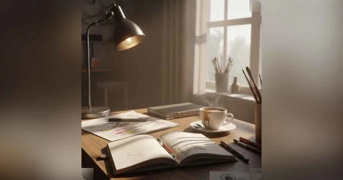 A creative person sketching in a journal with coffee and messy desk around.