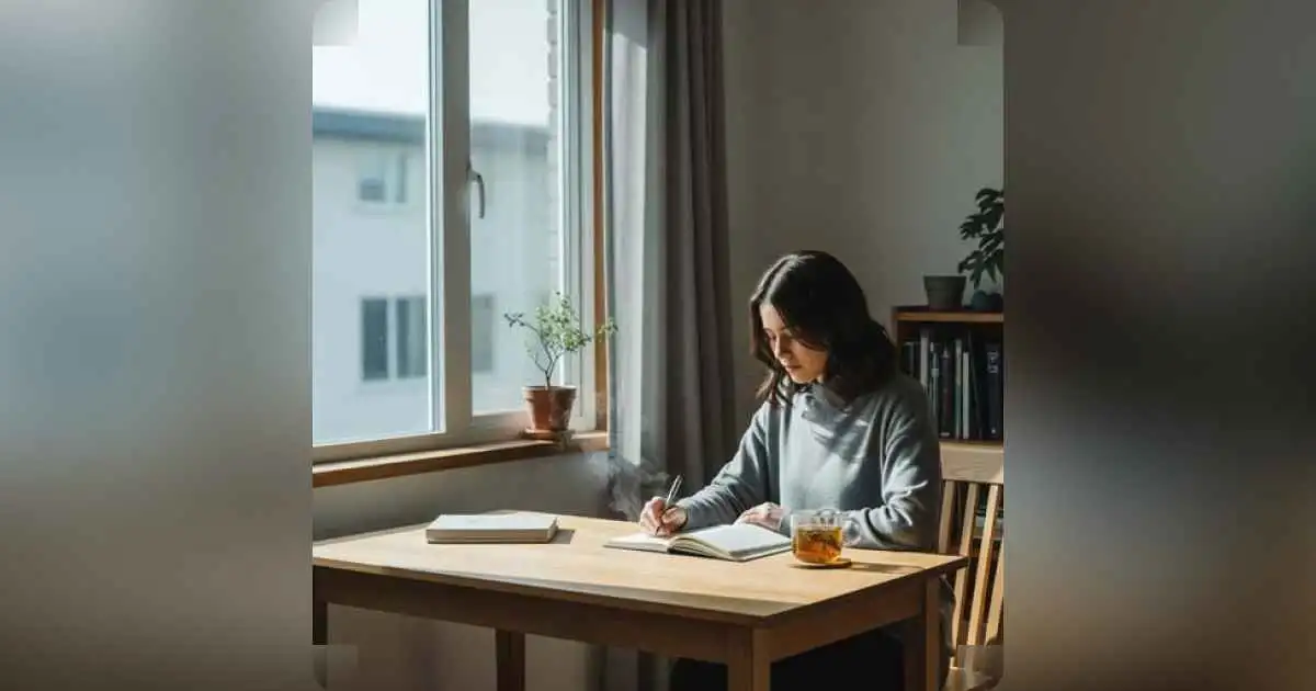 A peaceful morning with a notebook and tea by the window — reflecting minimalism, journaling, and slow living.