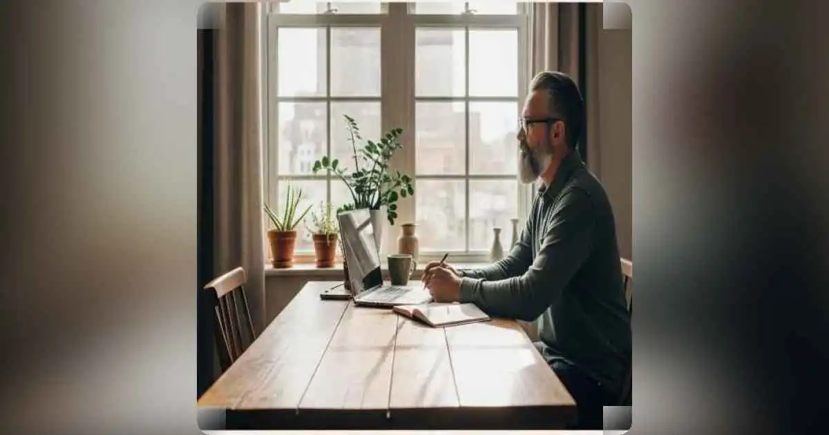A person sitting alone in soft light, journaling beside a calm window - symbolizing inner stillness and self reflection