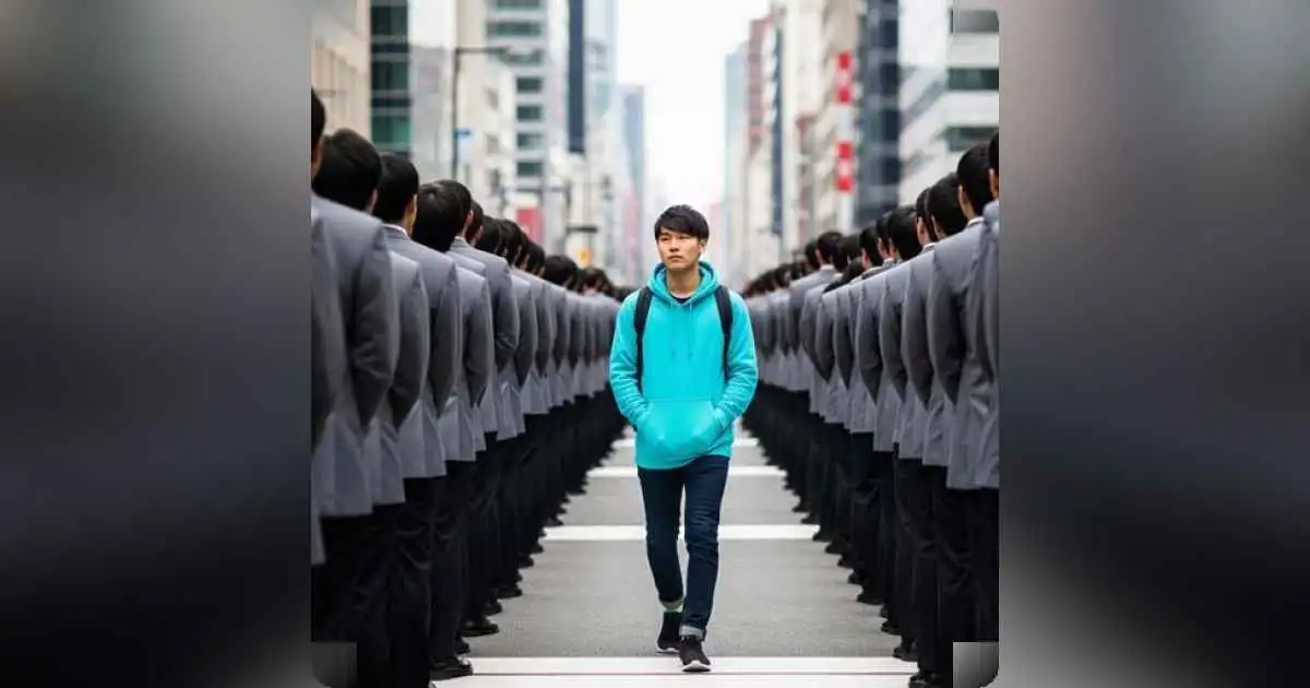 Person standing out from the crowd, challenging societal norms