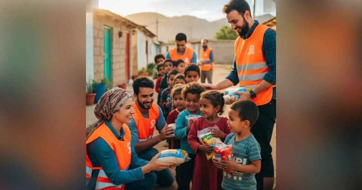 Volunteers distributing food packages to children in need