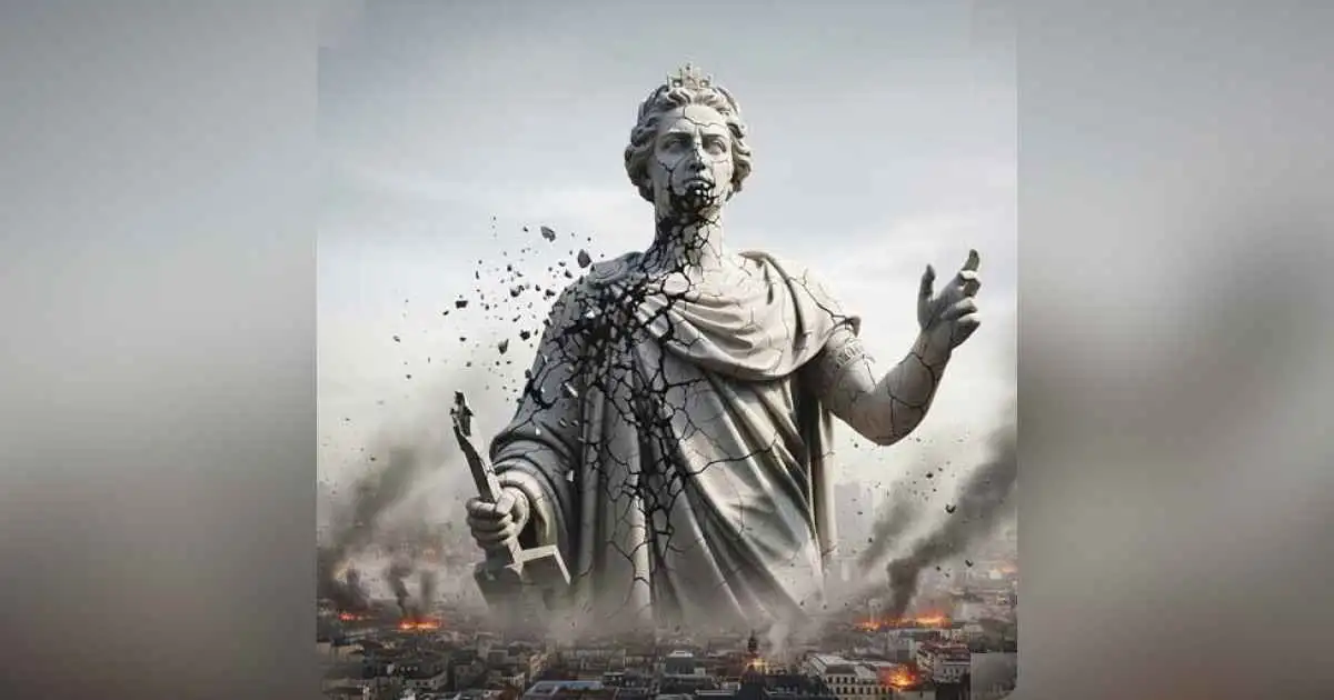 A fractured globe with fading images of world leaders and media icons