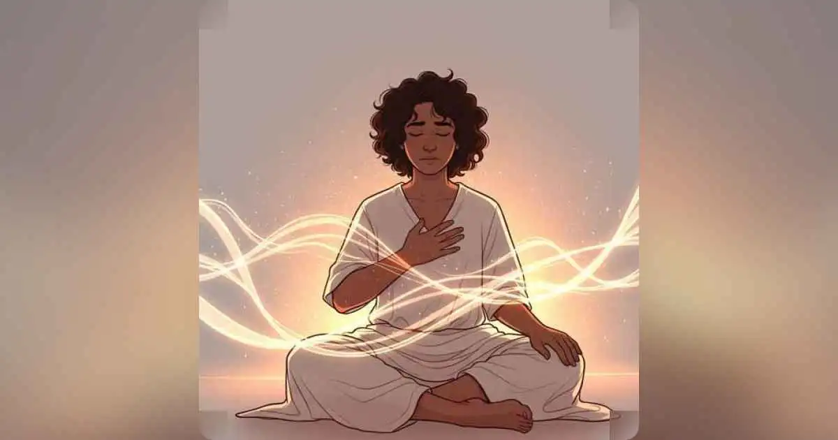 A person sitting with their hand on their heart, processing emotions in a quiet moment