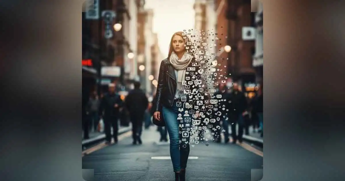 A person walking through a crowded street, fading into silhouettes of expectations