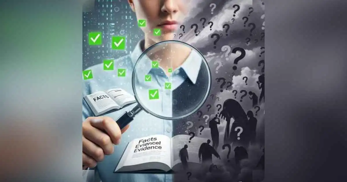 Person comparing truth and myth with scales of justice and magnifying glass