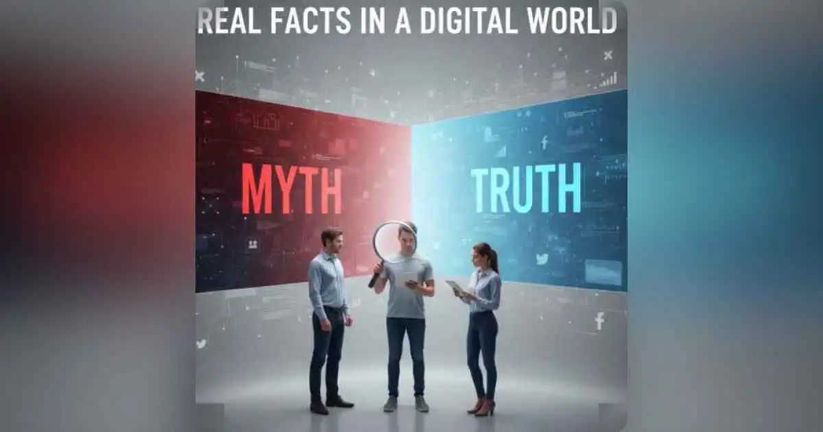 A person analyzing fake news headlines through a magnifying glass symbolizing truth vs myth