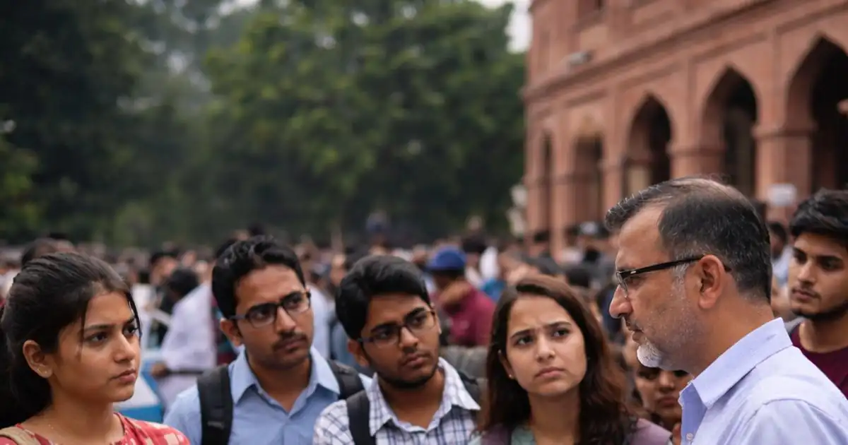 Indian university campus with students discussing policy changes